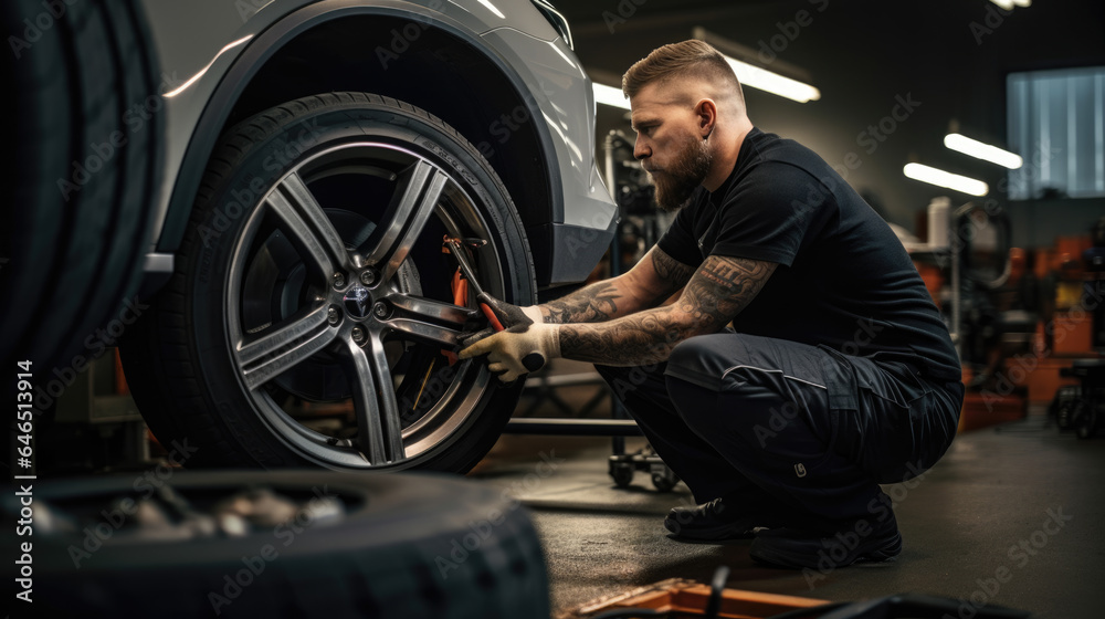 Car mechanic working in garage and changing wheel alloy tire. Repair or maintenance auto service.