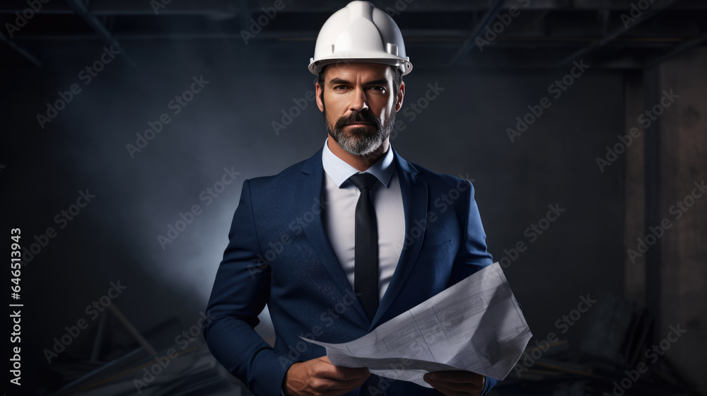 Portrait of an engineer in a helmet with blueprints for construction Portrait of an engineer in a helmet with blueprints for construction
