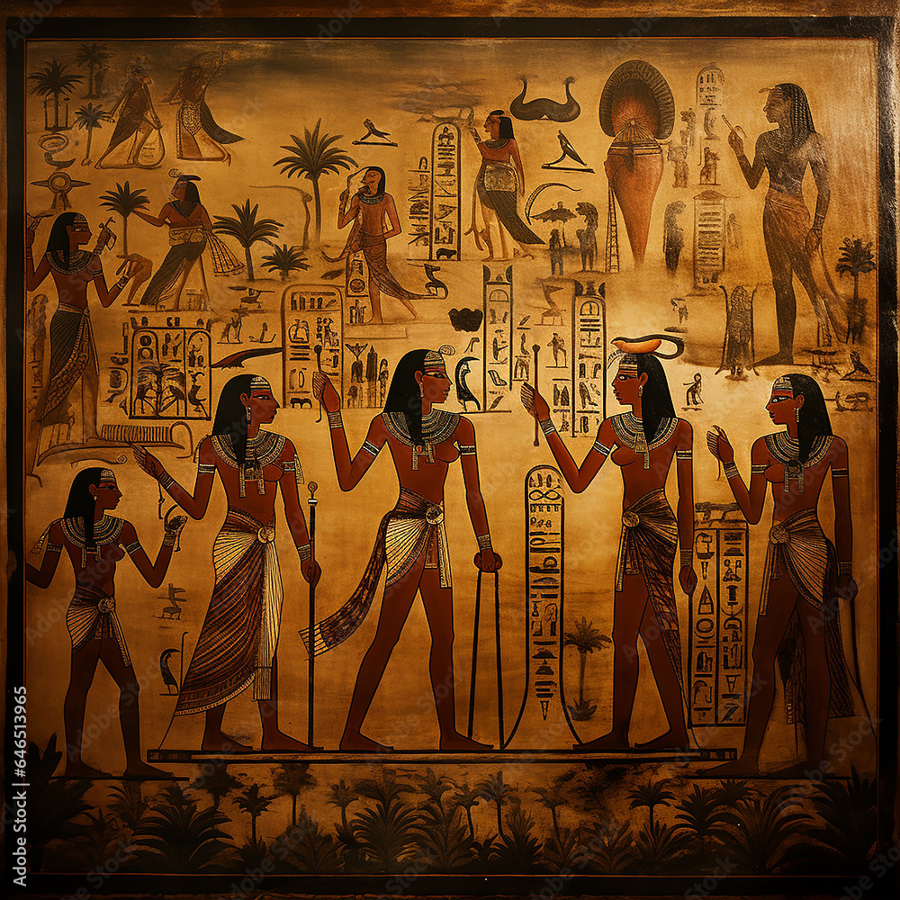 An Egyptian wall painting. Ancient Egypt. History wall painting. Egyptian papyrus and hieroglyph background - obrazy, fototapety, plakaty 