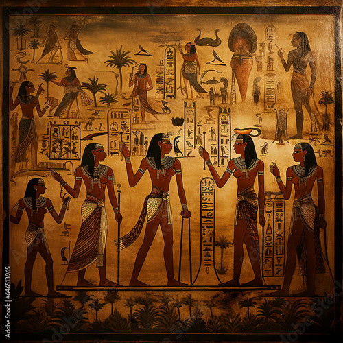An Egyptian wall painting. Ancient Egypt. History wall painting. Egyptian papyrus and hieroglyph background © Bhagi's DesignStudio