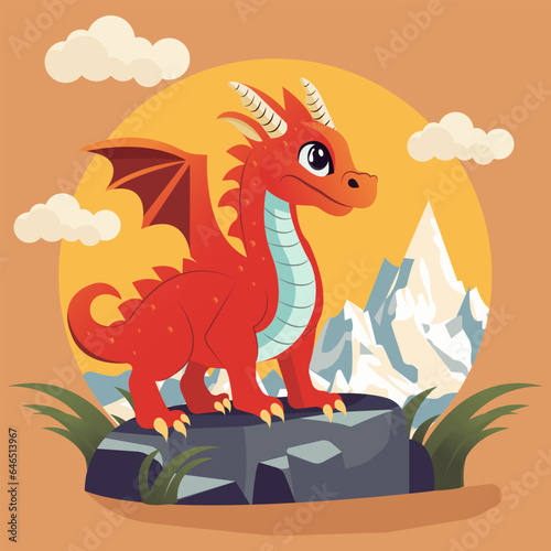 Vector cartoon illustration, funny red dragon on a large stone against the background of mountains. © Lilia Ulizko