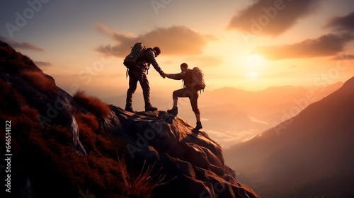 Mountain hiker extends helping hand to teammate © Pedro