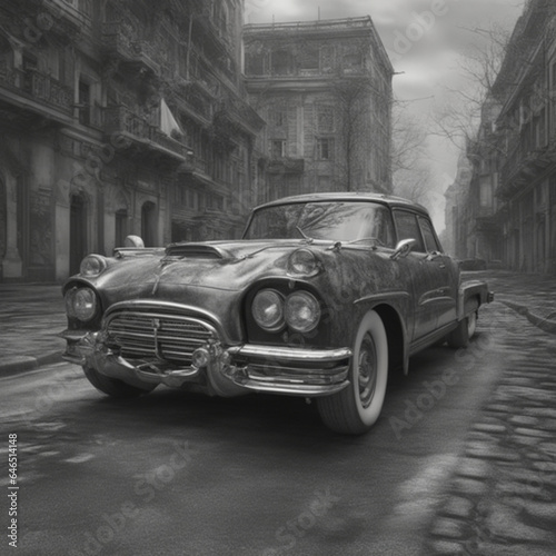 Big old car, black, wheels red, black and white still, digital Art, perfect composition, beautiful detailed intricate insanely detailed octane render trending on artstation, Generative AI © Giovani