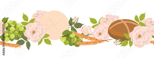 Seamless border with symbols of the Christian religion. elements of holy communion - grapes, bread, ears of corn. Vector. Design for fabric, wallpaper, textile.