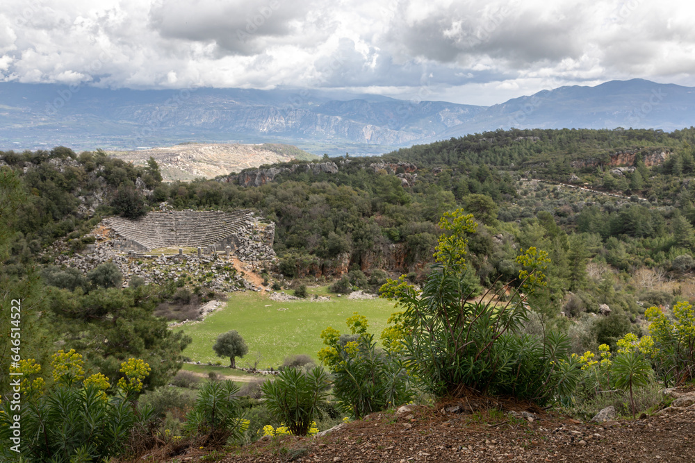 An antique panoramic landscape. A wide juicy green   pasture with sheep. Ancient white stone ruins, damaged amphitheater and many small rocks are around. 