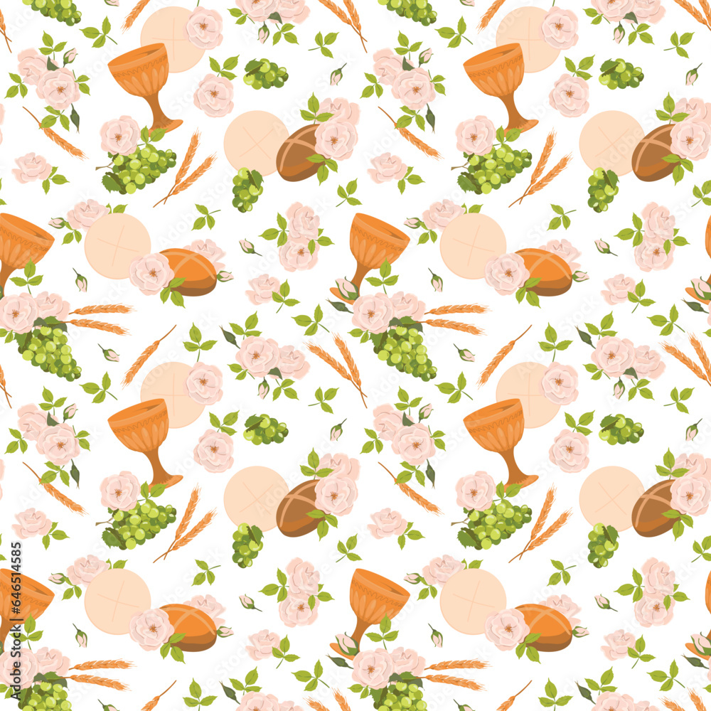 Seamless pattern with symbols of the Christian religion. holy communion elements - chalice, grapes, bread, ears of corn. Vector. Design for fabric, wallpaper, textile. Seamless pattern with symbols of the Christian religion. holy communion elements - chalice, grapes, bread, ears of corn. Vector. Design for fabric, wallpaper, textile.