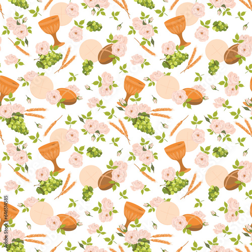 Seamless pattern with symbols of the Christian religion. holy communion elements - chalice, grapes, bread, ears of corn. Vector. Design for fabric, wallpaper, textile.