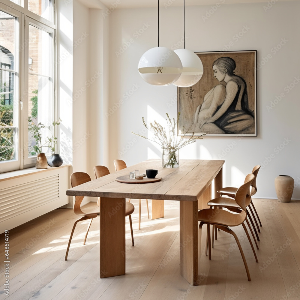 Minimal dining room, bright dining area, interior design - obrazy, fototapety, plakaty 
