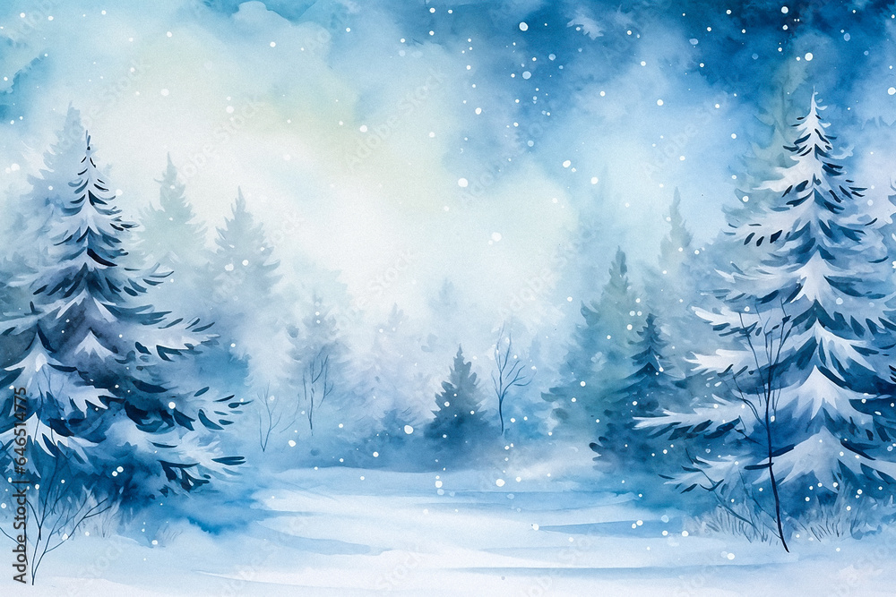 Snow storm in the winter forest. Pines of various sizes covered in snow and the sky is in the snow haze, large snowflakes falling from the sky. Cold and dreamy mood with a blue and white color palette