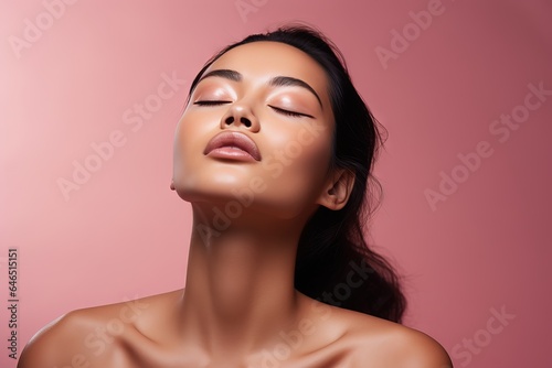 Fashion woman is shown with her eyes closed and on pink background