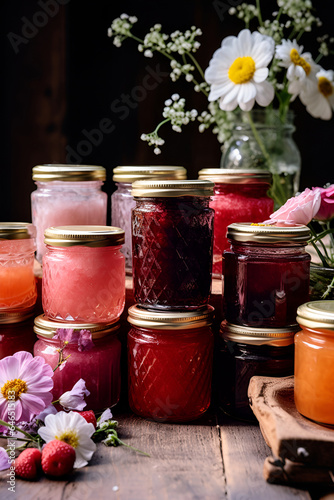 Jars with various jams and flowers on a wooden table 1
