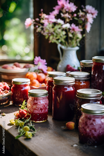 Jars with various jams and flowers on a wooden table 4