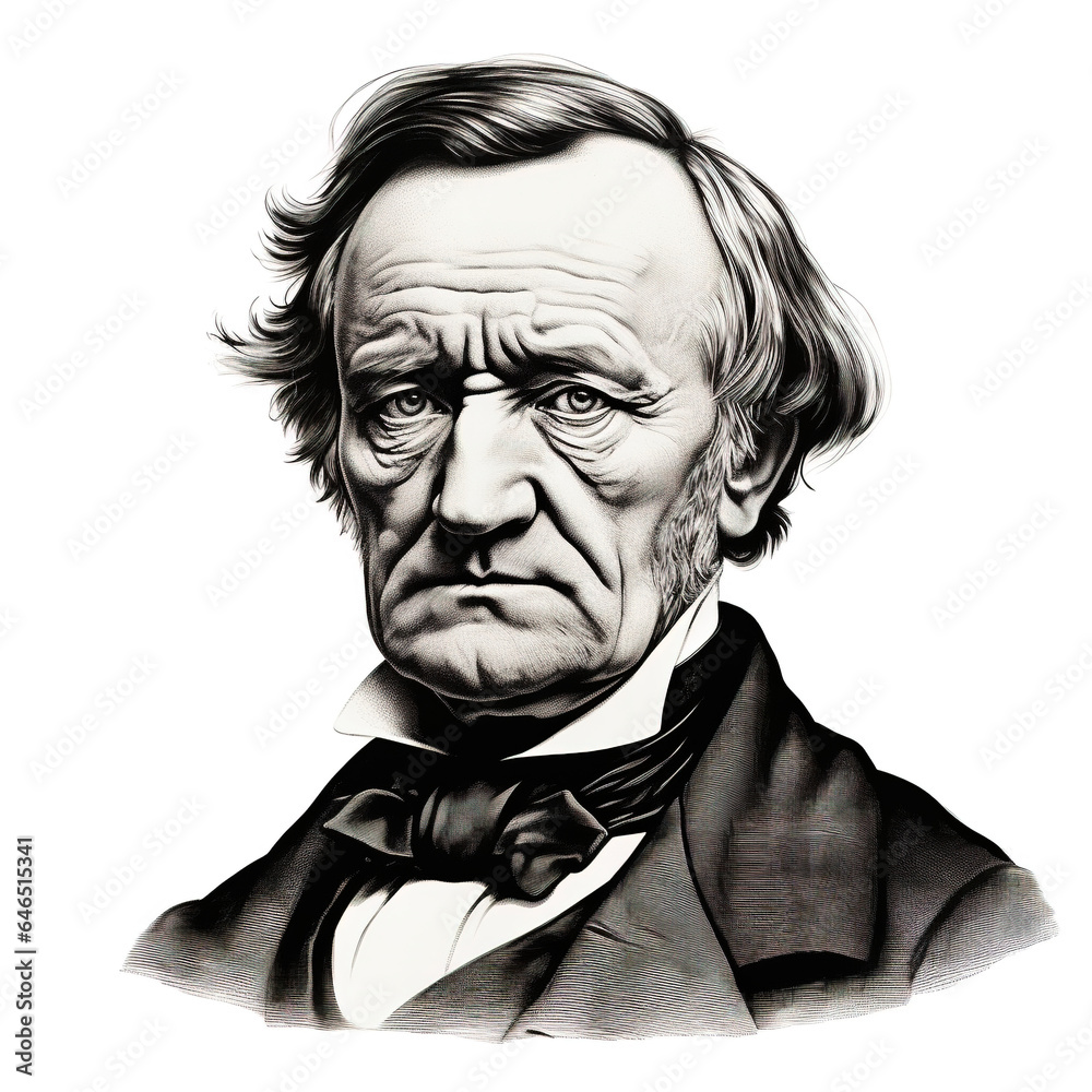 Black and white vintage engraving, headshot portrait of classical music composer Richard Wagner, serious looking expression, facing camera, white background, greyscale - Generative AI - obrazy, fototapety, plakaty 