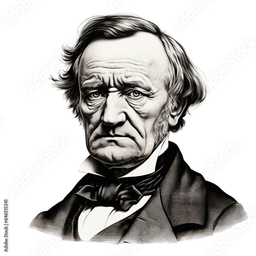 Black and white vintage engraving, headshot portrait of classical music composer Richard Wagner, serious looking expression, facing camera, white background, greyscale - Generative AI