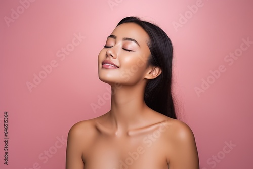 Fashion woman is shown with her eyes closed and on pink background