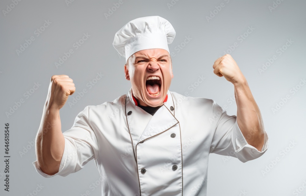 a chef is having a celebratory gesture and standing up, a chef is having a celebratory gesture and standing up,