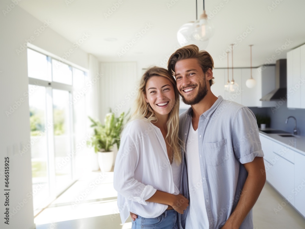 happy young smiling couple moves to new apartment