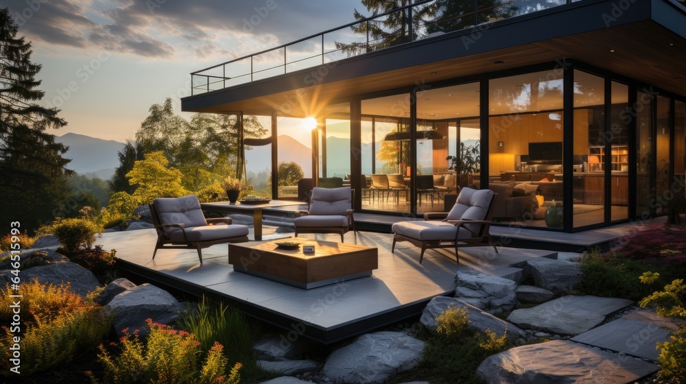 Modern house against the stunning backdrop of a mountainous countryside vista. Generative AI Modern house against the stunning backdrop of a mountainous countryside vista. Generative AI