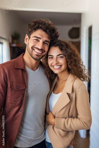 happy young smiling couple moves to new apartment