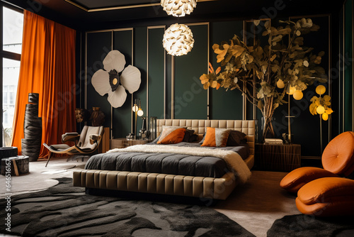 modern earth tones maximalist bedroom interior photo