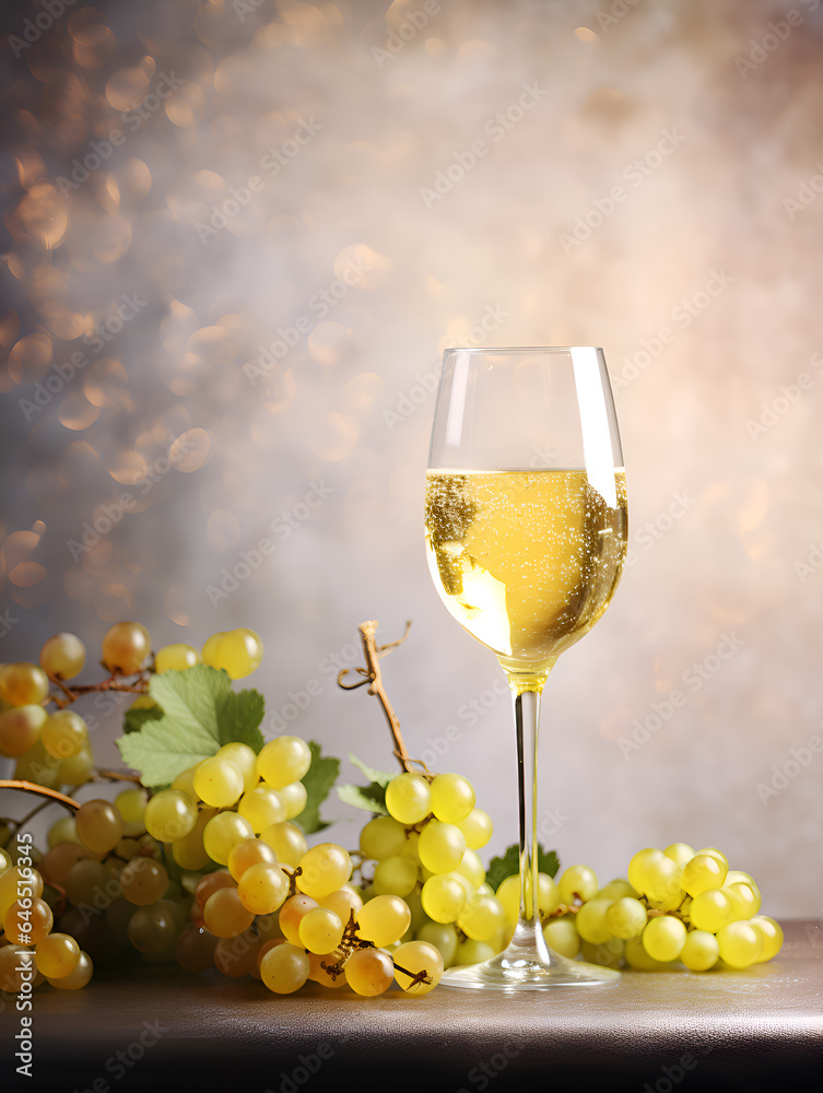 White wine banner. A glass of white wine and green yellow grape bunches on a table over bokeh background with copy space. Riesling grapes to make dry, semi-sweet, sweet, and sparkling white wines
