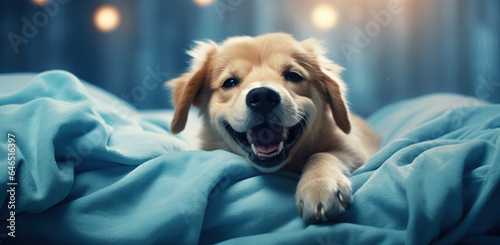 Dog in a bedroom is smiling, close-up, humorous