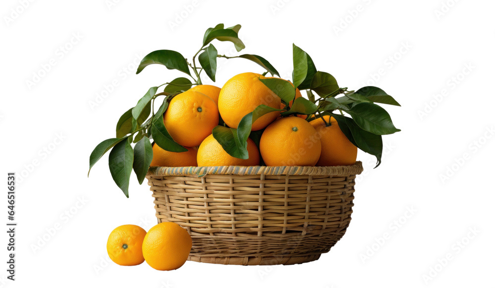 oranges in a wicker basket,isolated object on transparent background. png file