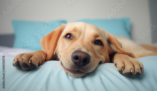 Dogs on a bed is smiling, close-up, humorous