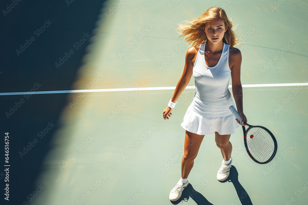 Female tennis player playing tennis on sunny green tennis court, overhead view