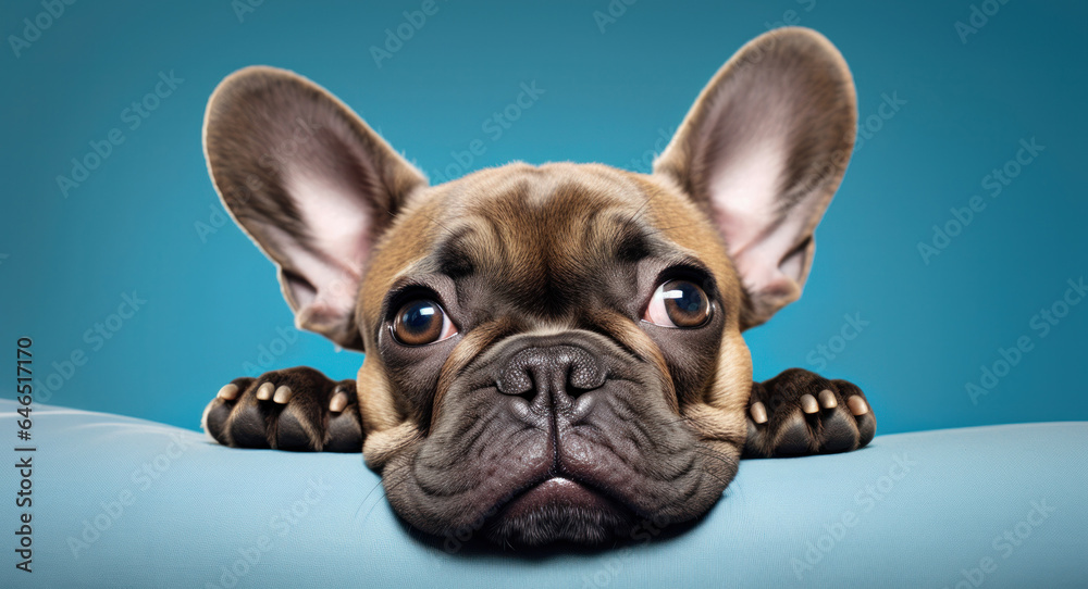 French Bulldog on a bed with sad face, close-up, meme concept