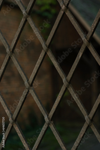 The lattice of the old iron gate is a close-up. An old rusty wrought-iron grate from the entrance to the courtyard.