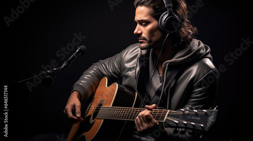 Male musician playing guitar on dark background