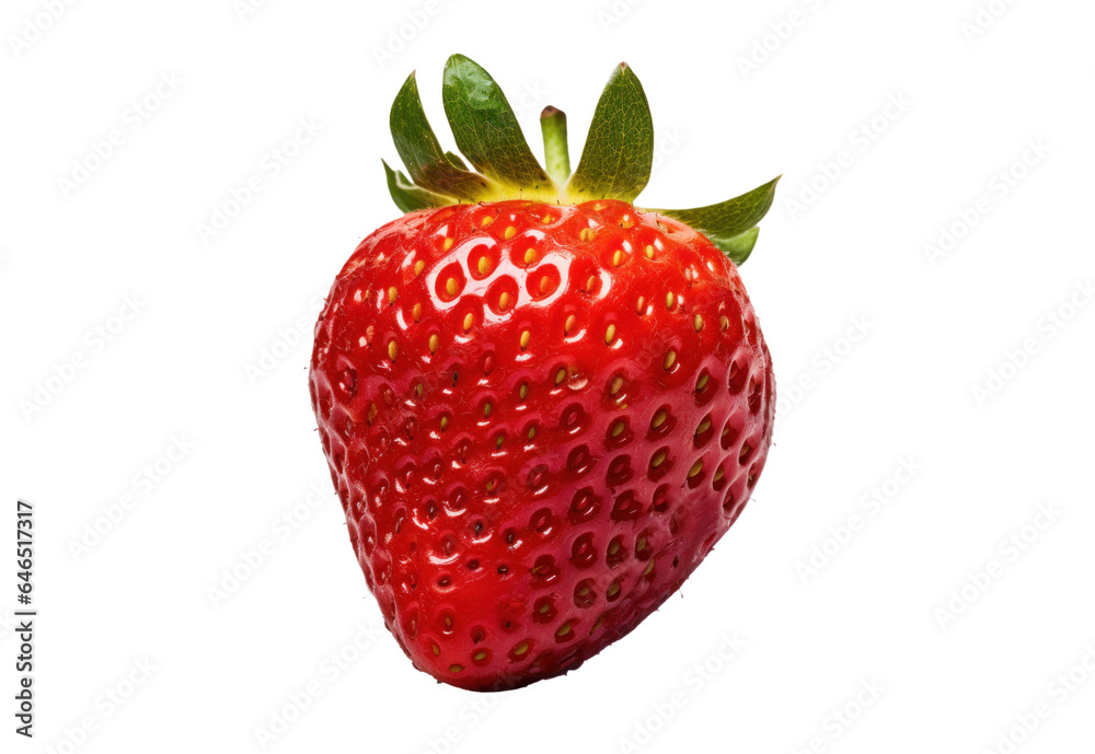 one ripe strawberry with leaves, png file of isolated cutout object on transparent background. one ripe strawberry with leaves, png file of isolated cutout object on transparent background.