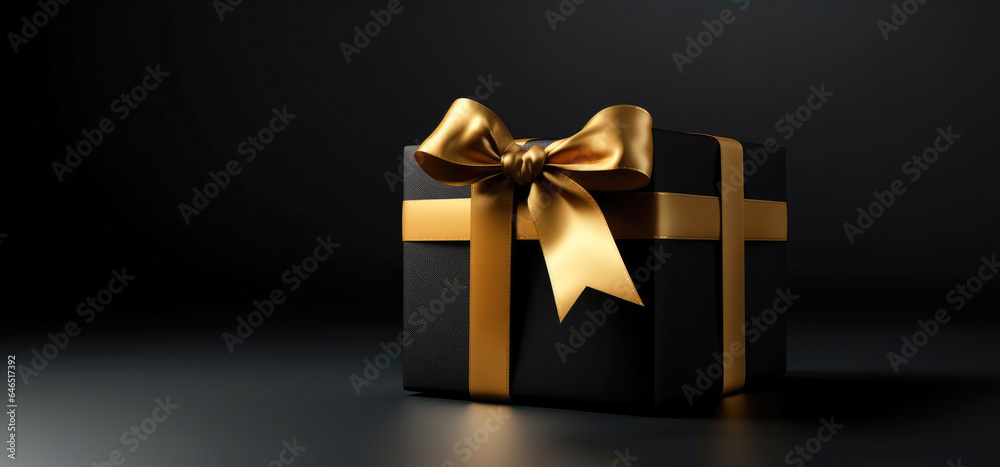 Gift box wrapped with gold bow with copy space, Black Friday concept Gift box wrapped with gold bow with copy space, Black Friday concept