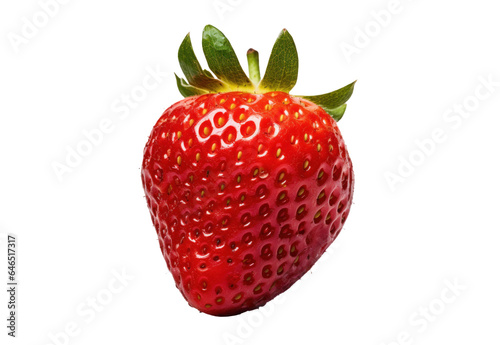 one ripe strawberry with leaves  png file of isolated cutout object on transparent background.