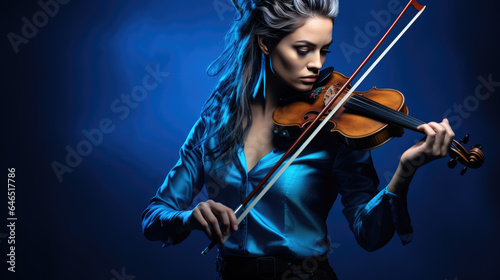 Young woman playing violin on blue background