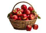 red ripe apples in a wicker basket, isolated object on transparent background. png file