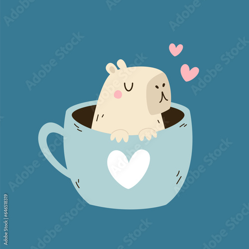Vector illustration of a funny capybara sitting inside of cup.