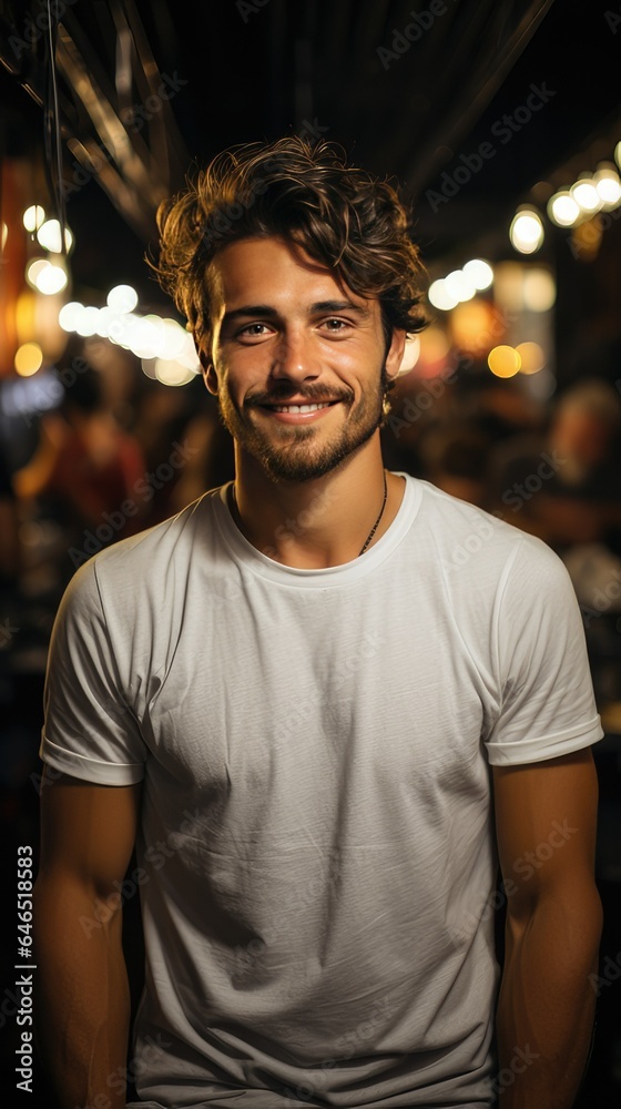 handsome young man wearing blank white shirt. great for tshirt mock ups. Generative AI handsome young man wearing blank white shirt. great for tshirt mock ups. Generative AI