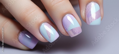 A woman's hand with a purple and blue manicure. A nail polish design. Generative AI. photo