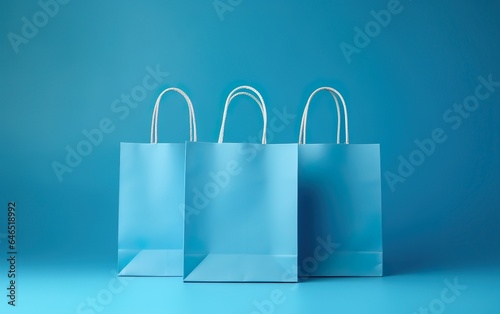 Blue paper shopping bags on pastel blue background. Front view. Mock-up tote bag item template. Shopping sale delivery concept.