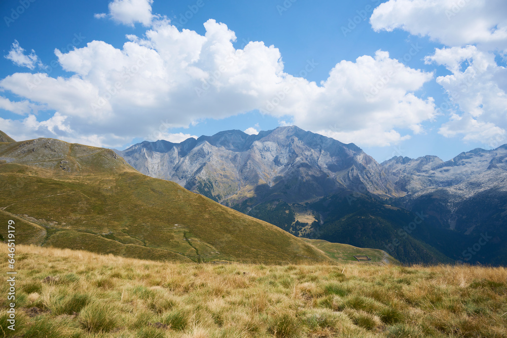 Grassy green hill against mountain terrain under blue sky Grassy green hill against mountain terrain under blue sky