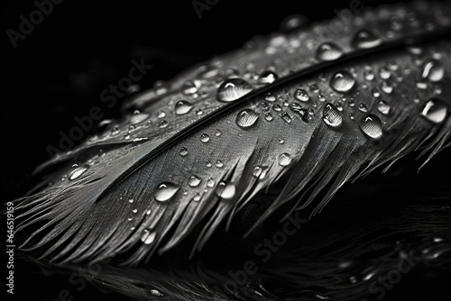 Fragment of bird's feather with water drops, close-up. Black and white. Generative AI