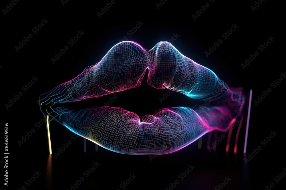 Woman lips with sound wave on black background in neon light. Generative AI - obrazy, fototapety, plakaty 