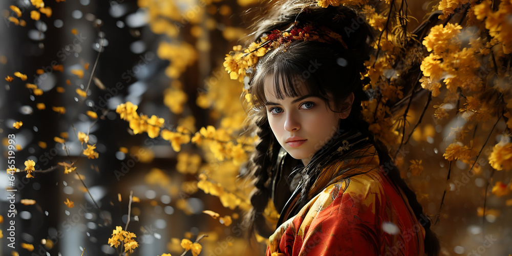 Hübsche Model Frau mit Asiatischen Kimono mit einzigartigen Hintergrund als Kulisse im Querformat für Banner, ai generativ Hübsche Model Frau mit Asiatischen Kimono mit einzigartigen Hintergrund als Kulisse im Querformat für Banner, ai generativ