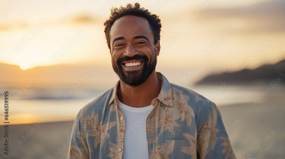 Handsome man smiles happily while on vacation with the beach in the background Handsome man smiles happily while on vacation with the beach in the background