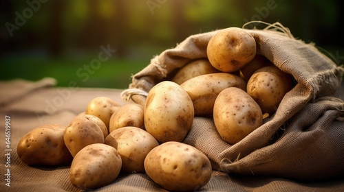 Brown new potatoes, in a rustic burlap sack, artfully displayed on an outdoor table. Generative AI