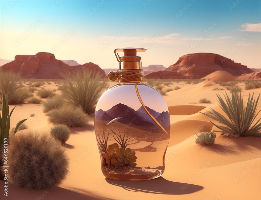Luxury Perfume Bottle with a desert oasis Background Luxury Perfume Bottle with a desert oasis Background