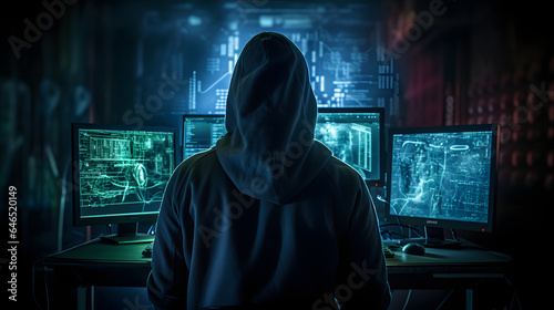 Back view of unrecognizable man in hoodie standing near desk and reading stolen data from computer, monitors in dark room before massive cyber attack on servers generativ ai