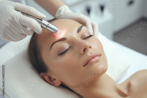 A woman receives laser treatment of the face in a cosmetology clinic